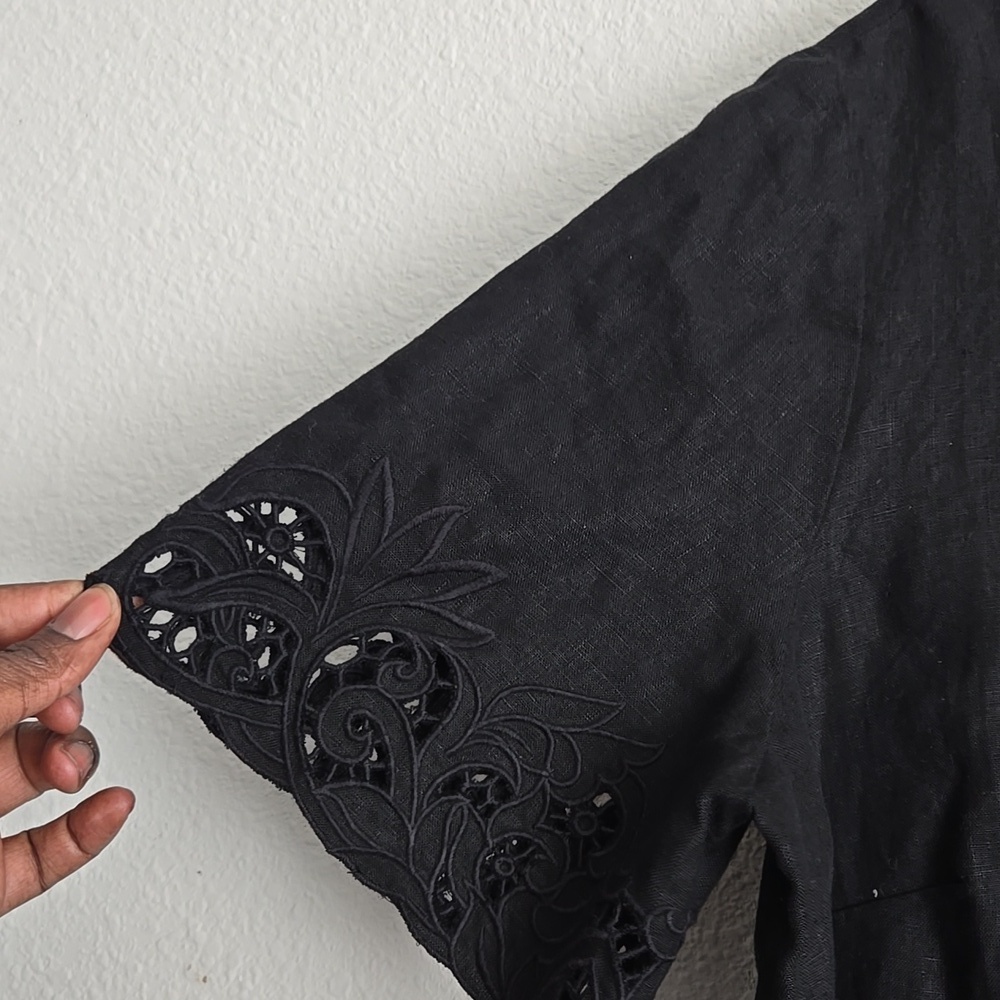 Chico's Black Embroidered Flutter Sleeve 100% Linen Short Dress Size 16 - Picture 6 of 11